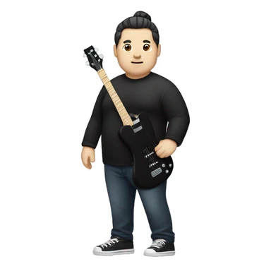 chubby chinese guy with fair skin and man bun and black shirt and bass guitar sticker