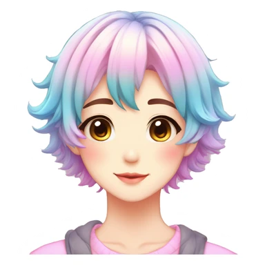 Gorgeous anime style shojo character with blushing face aesthetic and pretty colorful shiny gradient pastel hair with hair garment trending style sticker