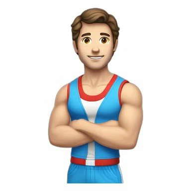 retro 70s blue and red gym clothes for a modern white brunette uni male student with glass sticker