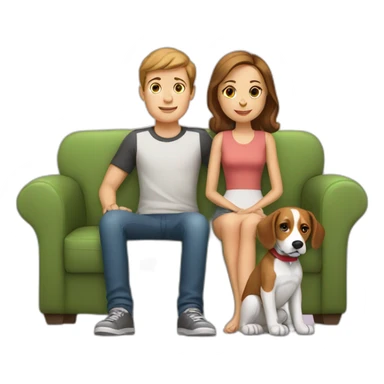 Brown hair White boy and girl with beagle Sit on couch sticker