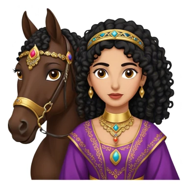Middle Eastern woman with black curly hair and well defined eyebrows wearing a traditional dress holding into a horse  sticker