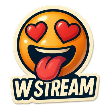 mouth open with tongue out heart shaped eye add the words “ W Stream " in White sticker