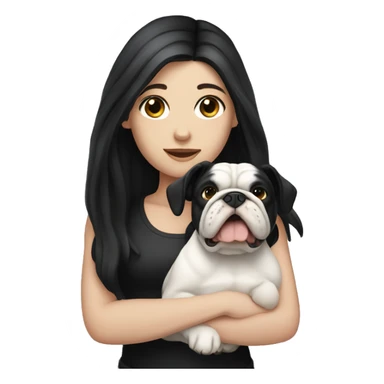 white girl with long black hair holding a white and black bulldog sticker