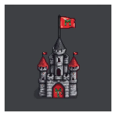 black and red castle with a flag that has the letter M drawn on it sticker