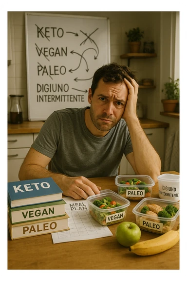 Confused man in his 30s sitting at a kitchen table cluttered with various diet books, meal plans, and food containers labeled keto, vegan, paleo, DIGIUNO INTERMITTENTE. He holds his head with one hand, looking overwhelmed and frustrated. The background shows a whiteboard full of crossed-out diet names and arrows going in circles. Expression: mental fatigue, indecision, information overload. Soft lighting, slight mess to emphasize his struggle. sticker
