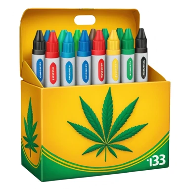 a box of crayola permanent markers with cannabis leaf sticker