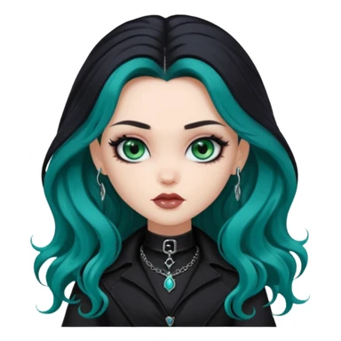 goth bratz baddie, beautiful blue-green eyes, long wavy hair, black gothic hair styled, black goth clothes sticker