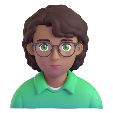 young man with dark slightly curled hair wearing glasses with green eyes sticker