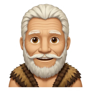smiling old Neanderthal with white hair, beard, and animal skin clothing emoji style sticker