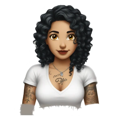 Pretty Latina girl with long black curly hair in white shirt and arm tattoos sticker