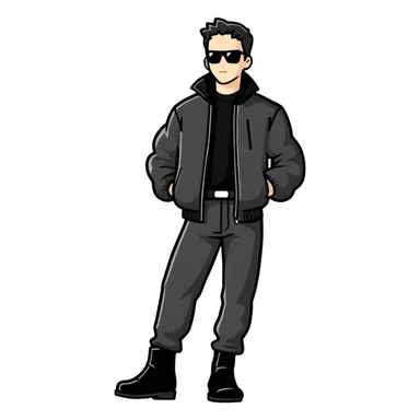 Full body standing male figure wearing black jacket, black pants, and black boots sticker