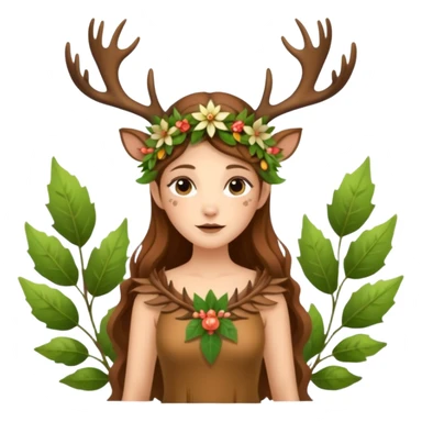 forest fairy woman dressed as deer spirit, antler crown and leaf dress, standing in flowers sticker