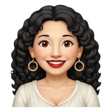 60 yr old peruvian woman, slightly chubby, wavy/curly long black hair, red lipstick, big smile, white teeth, brown eyes, hoop earings, side part to hair, round face, pretty white dress, hair side swept, big hoop earing sticker