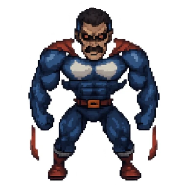 Make Omni-Man look more menacing in pixel art style, add intense eyes and darker shading, no background. Keep the pixel art style with pixelated details emphasizing menacing expression and shading. sticker