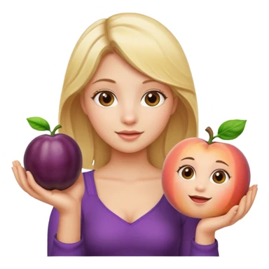Blonde girl, holding up peach in one hand, eggplant in the other sticker