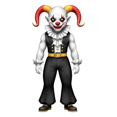 full-body muscular demonic clown in black and white leisure suit with bellbottom pants, bald, black ram horns, flashy black and white belt, ruffled white shirt, no neck tie, large fangs sticker