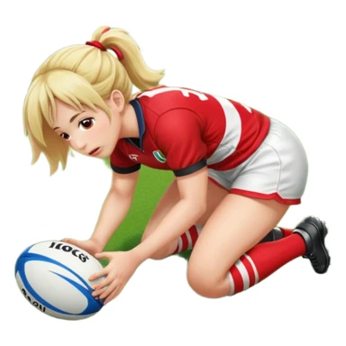 Chica de pelo rugby tirada en el suelo de un campo de rugby boca abajo agarrando un balón con las manos vestida con una equipación de color rojo y blanco con líneas y con unas botas de tacos de fútbol, con un bucal en la boca sticker