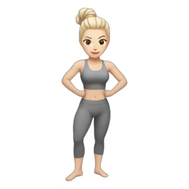 Pale skinned fit woman In a gray tight yoga suit and wristbands With ash blonde hair in a bun doing yoga sticker