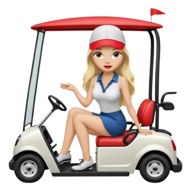 Sexy blond female. Long hair. Red lips. Big boobs. Naked boobs. Short skirt. Playing golf. Sexy pose. Topless. Naked . No clothes. Completely naked. Only golf cap. In golf cart sticker