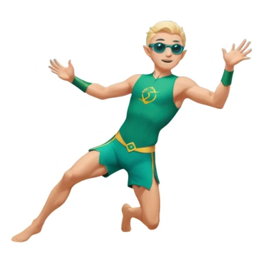elf male legolas mid-action throw, launching a frisbee woven from pure sunlight, wearing sporty teal swim shorts and performance sunglasses, athletic pose, pointy ears, dynamic motion lines, beach sky backdrop, centered emoji sticker