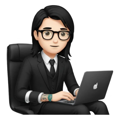 a young man with long black hair, with formal cloth, wearing glasses sitting with a laptop, tattoo inyout arms sticker