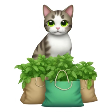 cat with bags of green plants sticker