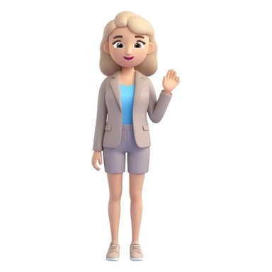Transform the reference image into a cool, neutral-toned Gen Z woman in a 3D emoji style. Use muted grays, beiges, and soft blues for the outfit. Make the look minimal and modern with a 3D emoji-like face and features. Keep the pose confident and stylish, reflecting a contemporary vibe. sticker