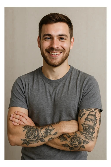 A proud, smiling 25-year-old man with blue eyes, brown hair, short beard, arms crossed, showing tattoos on his left arm. sticker
