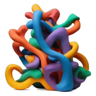 a colorful abstract sculpture made with modeling clay on top of a white plinth sticker
