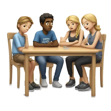 Two tired boys and two tired girls sit on a chair in front of a table sticker