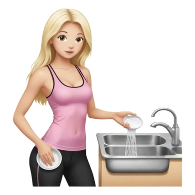 Seductive, thin fair skinned woman, long blond hair, washing dishes, SFW sheer pink tank top, without undergarments showing natural breast shape SFW, black yoga pants, perfect booty sticker