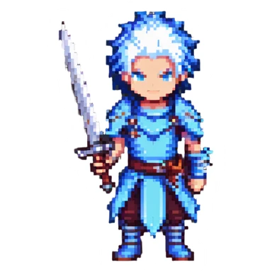 pixel art JRPG character with spiky hair and a large sword, inspired by Cloud Strife sticker
