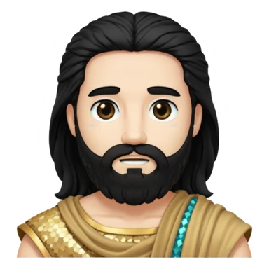 Pluto from Roman Deities with long black hair and beard, black sequin toga sticker