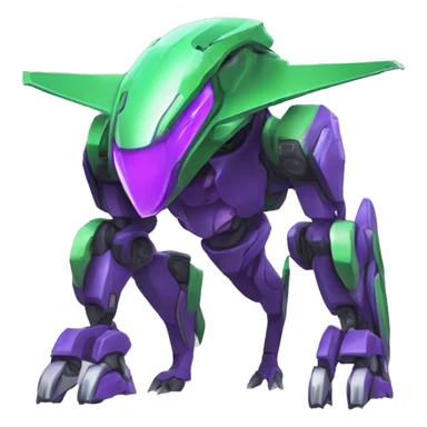 a purple-green Genesect-Raptor-Fakémon—hybrid with a futuristic visor-helmet full body sticker