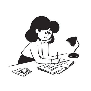 Stressed student writing an essay that begins with "Dear God, please help me finish this essay" in sketchy handwriting sticker