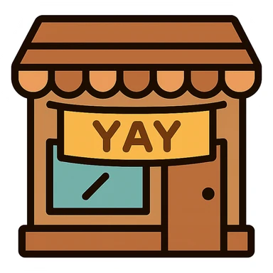 cozy brown café storefront with a soft “YAY” banner, warm hand-drawn tones sticker