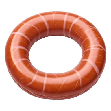 coiled raw sausage, pale pink slightly marbled surface, natural casing, thick rustic circular shape, smooth texture, visible flecks of fat, ends tucked under or gently pinched, no grill plate or garnish, soft lighting, subtle shadows, emoji scale sticker