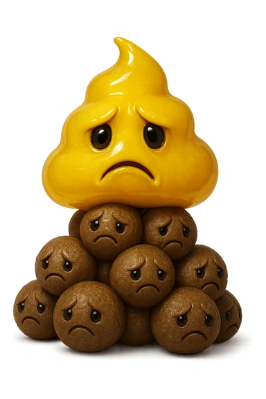 emoji stile iphone di una cacca giallina e liquida con espressione triste, sopra una montagnetta di feci a palline con espressione triste, iperrealistico 4k sticker