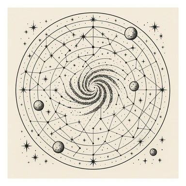 a design for an decorative black and white star map, showing linework of galactic spheres and a constellated ley lines. matrix map. black linework. neat and minimal design, showing expanse and hazards deep into space beyond the galactic core, large tattoo design

 sticker