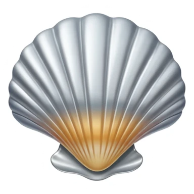 A seashell emoji made of polished silver chrome, smooth curved surface, reflective metallic highlights, elegant minimal design, iOS emoji style, centered, clean white background, soft lighting sticker