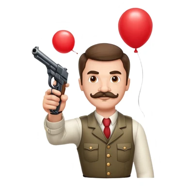 A mustachioed man aims a gun at a balloon sticker