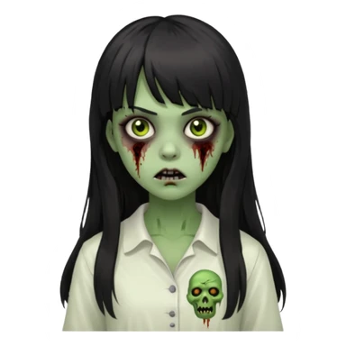 Make a girl with bangs with very dark black and long hair, light brown eyes and white clothes in the form of a zombie with green and scary skin sticker