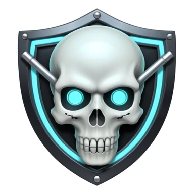 Futuristic shield badge, metallic tubes entwined, skull center, dark anime 90s style, no background sticker