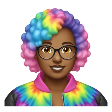 Plus size black woman with pink curly pixie cut hair and a rainbow tie dye bubble jacket  sticker