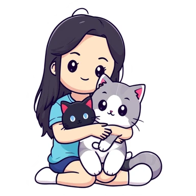 Girl with straight black long hair hugging a colorpoint ragdoll plush toy and a tricolor long-haired cat sticker