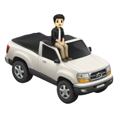 (A man with pale skin and black hair), (sitting on top of a black car) sticker