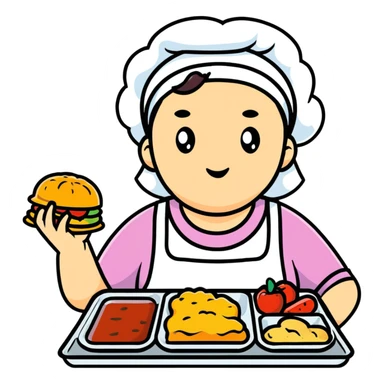 cartoon sticker of a lunch lady with a disgusted expression, holding a tray of gross food sticker