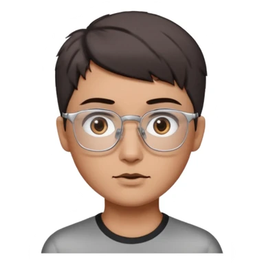 personagem com corte de cabelo Wolf cut curto, cabelo castanho escuro, olho castanho escuro, sombrancelha castanho escuro, óculos sem aro prata quadrado. sticker