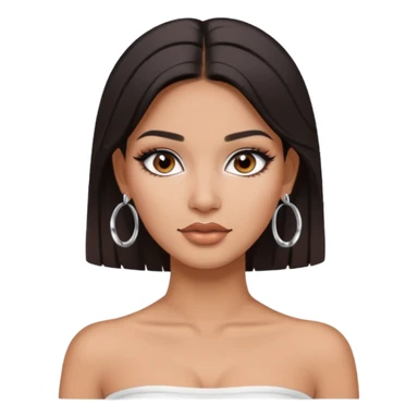 latina makeup olsun, saçları düz, halka küpeler taksın. takıların hepsi gümüş rengi olsun halka küpeler ve kolye dahil. makyajı ağır olsun ve beyaz bir Bandeau top kıyafet giyisin sticker