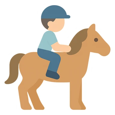 flat color icon of a child riding a horse, friendly and approachable, clean shapes sticker